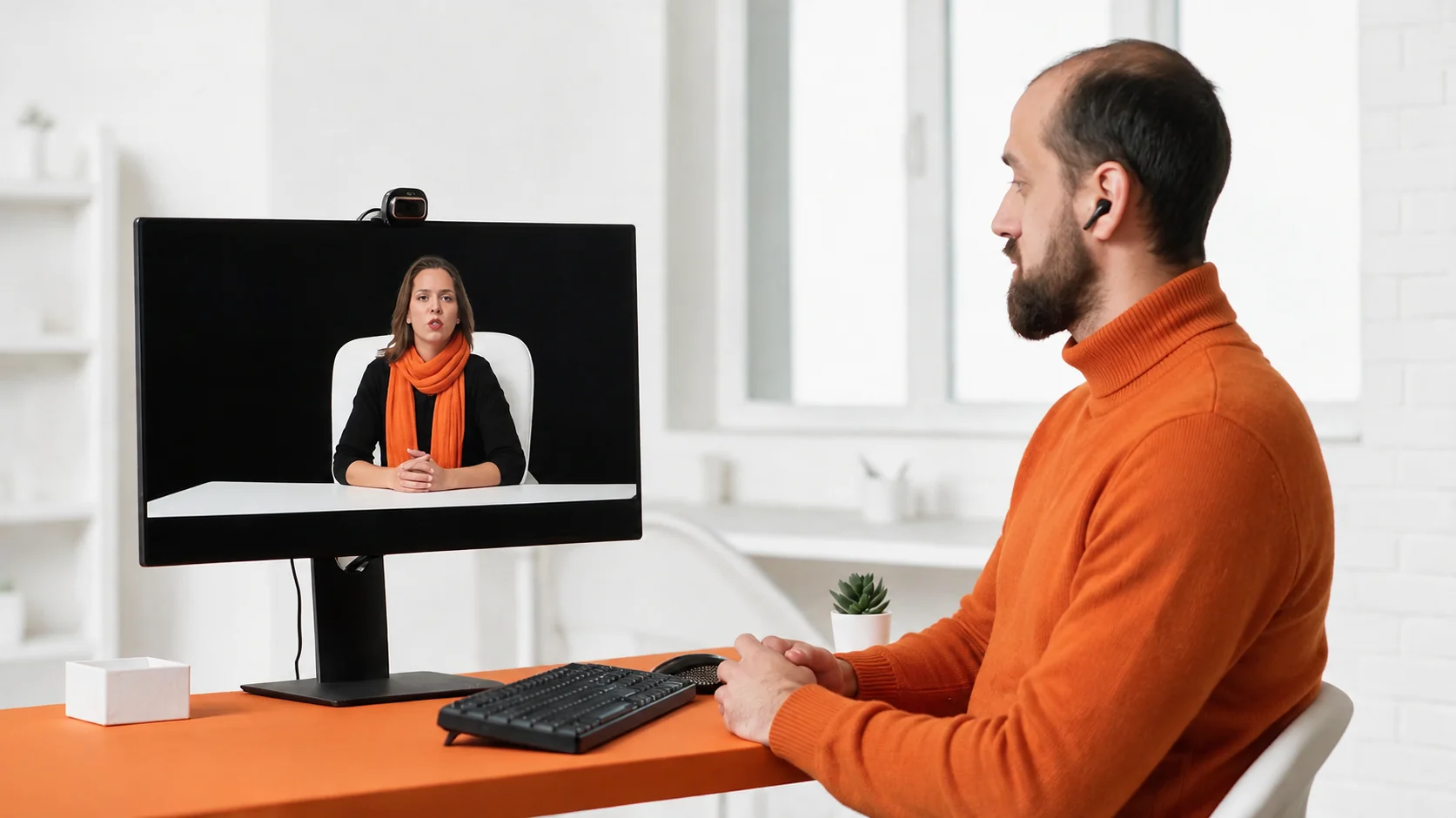 A provider in an orange sweater speaks with a client shown on his video monitor.